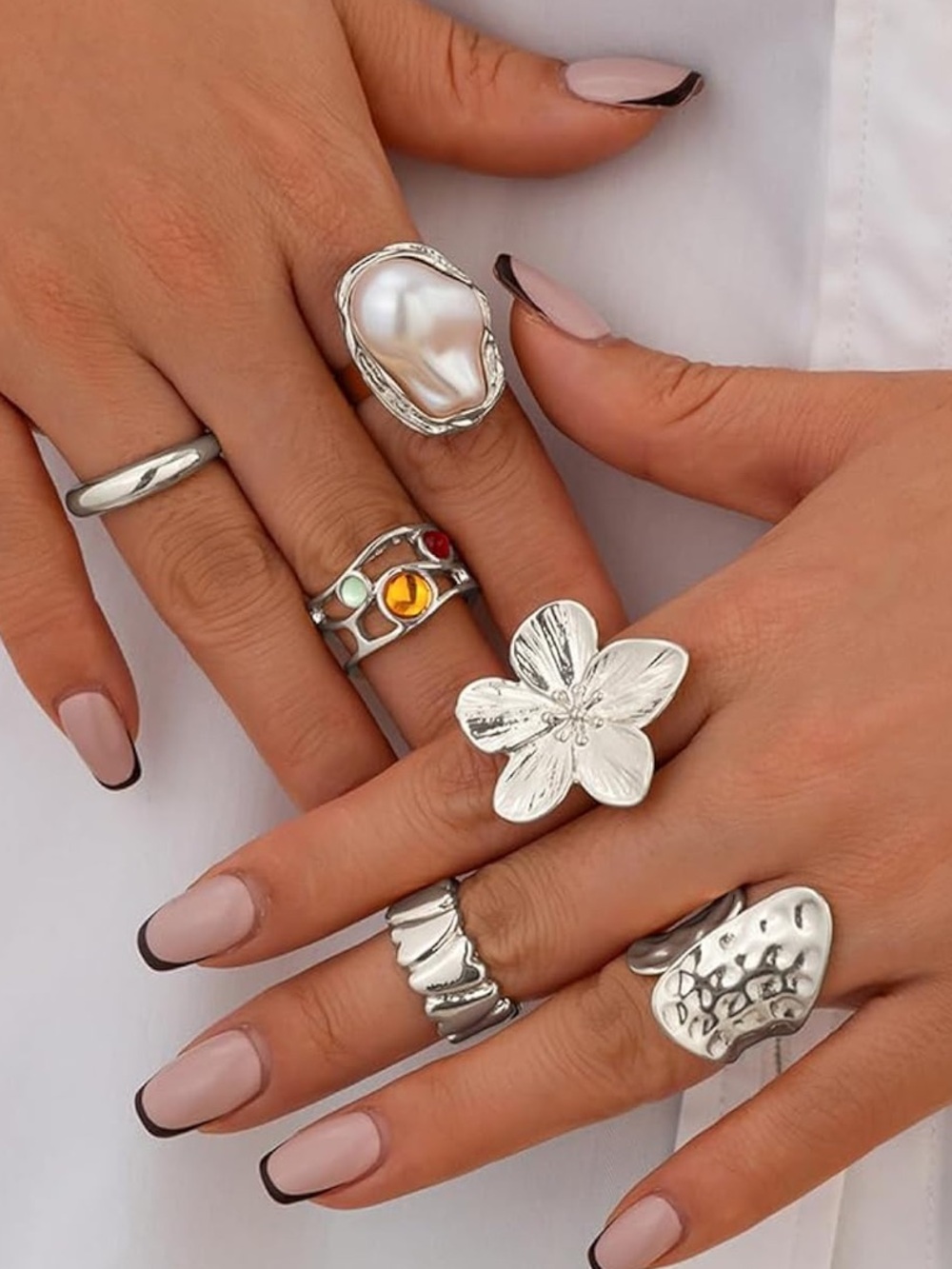 Anthropologie Silver Floral Statement Ring with Pearl Accent